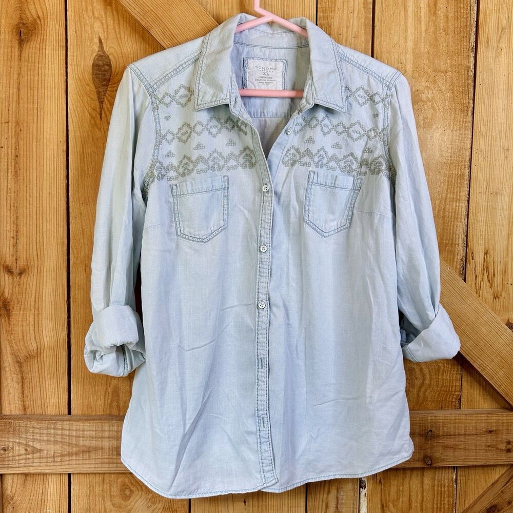 100% Cotton Sonoma Blue Women’s Chambray Long Sleeve Button Down Shirt Size XL